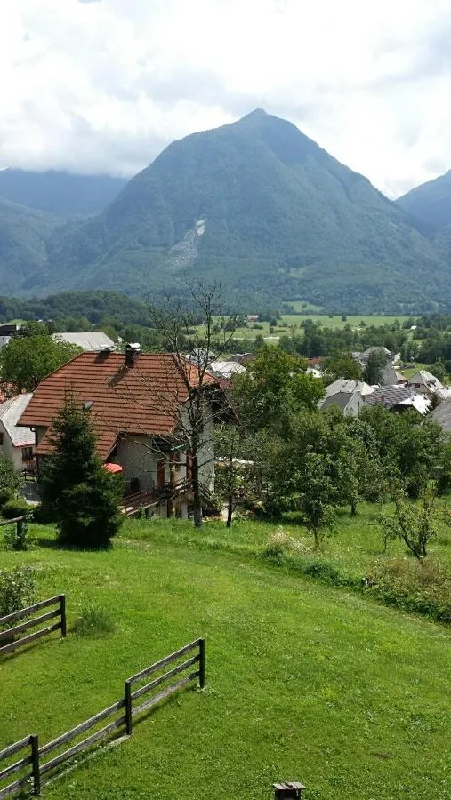 Pogled z balkona čez vrt proti goram nad Bovcem
